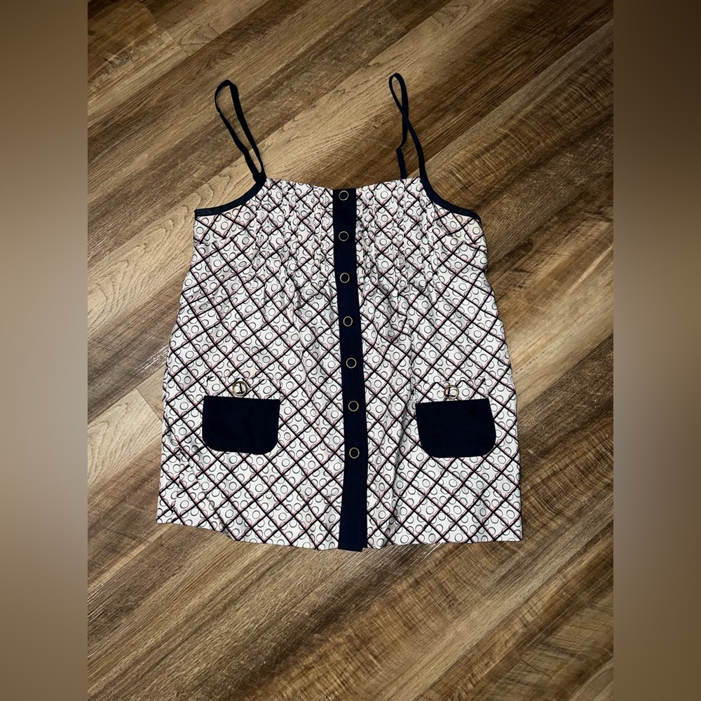 Silk Geometric Print Button-Up Cami with Gold Accent Buttons